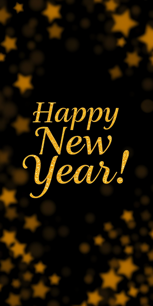 Create a festive New Year greeting card with 'Happy New Year!' in elegant typography on a dark background with shimmering gold stars, shot with a DSLR camera at f/2.8, ISO 100, 50mm lens, with a shallow depth of field for a soft bokeh effect.