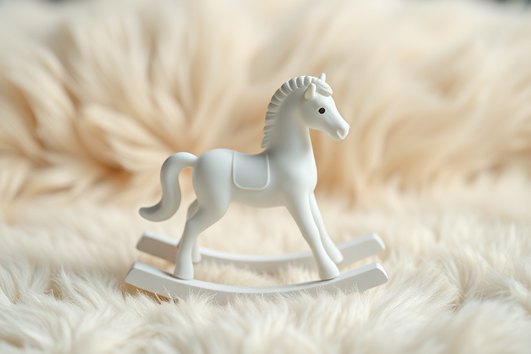 A white rocking horse figurine on a soft beige faux fur background, taken with a Canon EOS R5, 50mm lens, f/1.8 aperture, ISO 200, 1/125 sec exposure, in natural soft lighting for enhanced image quality.