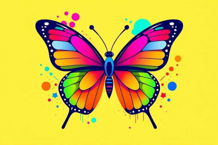 Create a vibrant and colorful butterfly illustration featuring a symmetrical design. Incorporate a gradient of colors including pink, purple, blue, green, and orange. Add abstract circular shapes and splashes of color around the butterfly to enhance the visual appeal. The overall style should be bold and eye-catching, suitable for a modern art piece.