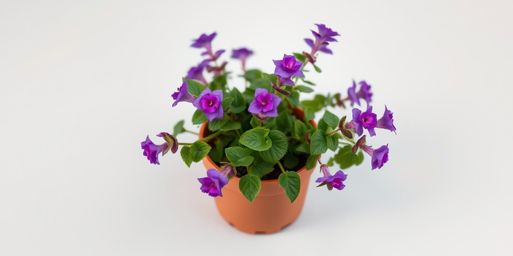 Regenerate a vibrant purple plant in a simple brown pot on a light gray background, using a DSLR camera with a 50mm lens, aperture f/2.8, ISO 200, shot in soft natural lighting from a high angle for enhanced detail and texture.