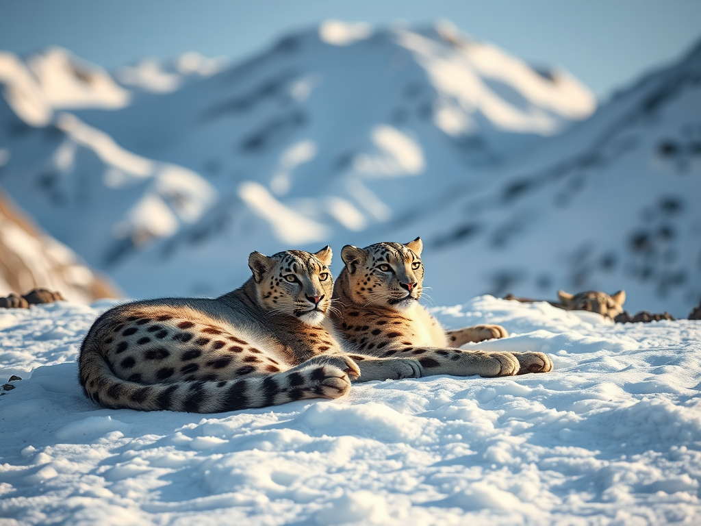 Snow leopards resting in a snowy mountain landscape, soft natural lighting, shallow depth of field, DSLR camera settings: f/2.8, ISO 100, shutter speed 1/200 sec, shot with a wide-angle lens at 24mm.