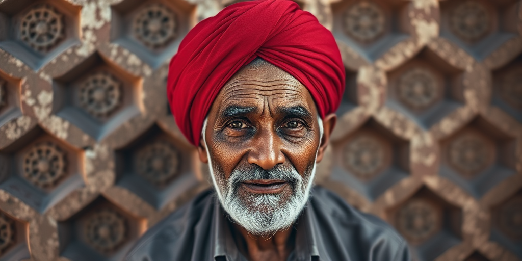 Portrait of an elderly man wearing a red turban against a textured geometric background, captured in natural light using a Nikon D850 with a 85mm f/1.4 lens, ISO 100, aperture f/2.8, and a slight vignette effect for depth.