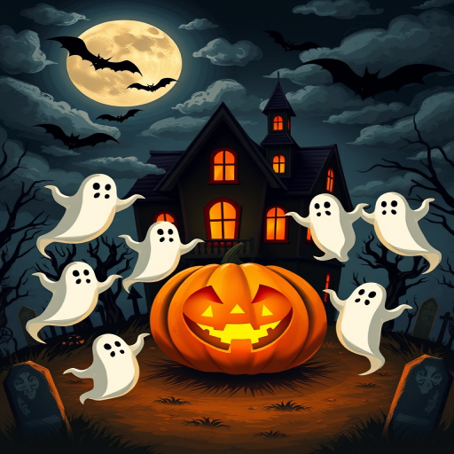 Create a spooky Halloween scene featuring playful ghosts floating around a glowing jack-o-lantern with a haunted house in the background under a full moon and dark, cloudy sky. Include bats flying in the night sky and a graveyard with tombstones scattered around.