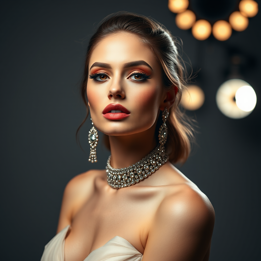 Studio portrait, female model, elegant couture dress, bold makeup, dramatic lighting, Shoot over the shoulder using a telephoto lens to focus on small details like jewelry, makeup, or fabric textures