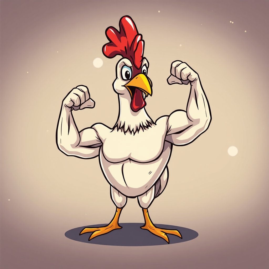Create a cartoon-style illustration of a muscular chicken flexing its biceps with a shiny background, using a DSLR camera with a 50mm lens at f/2.8, ISO 100, and a soft focus effect for enhanced depth.