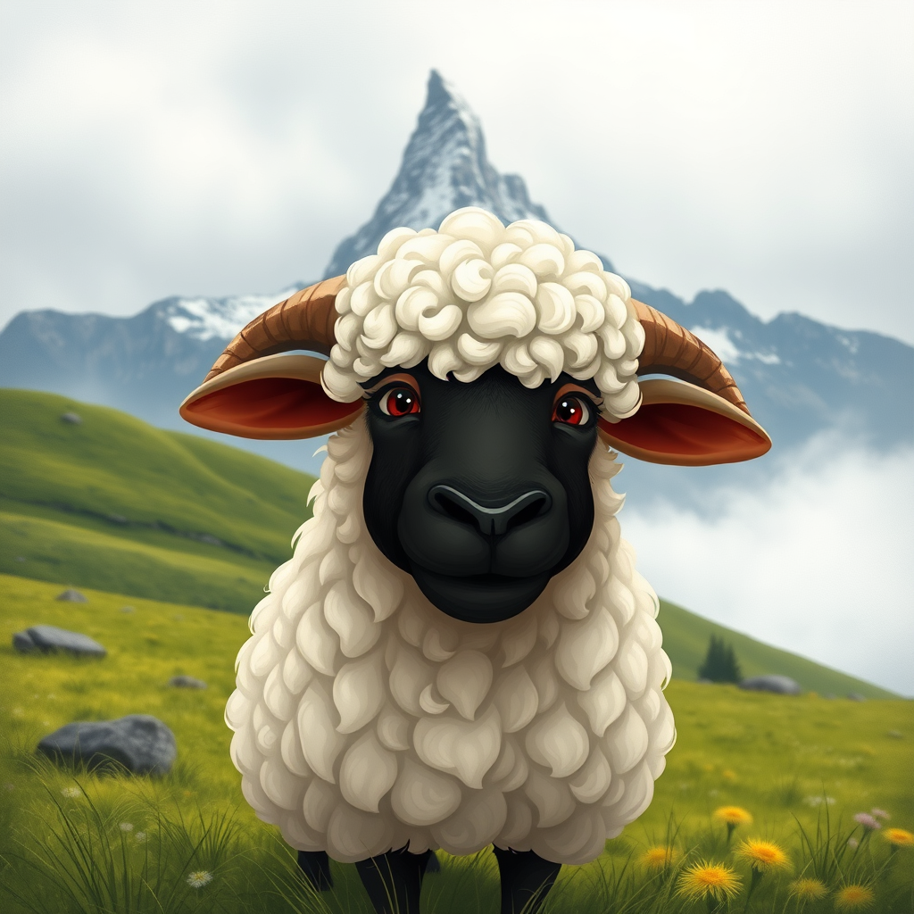 A textured painterly fantasy artistic cartoon image of a curious Valais Blacknose sheep with thick, curly white wool stands front and center in a picturesque alpine meadow, with the iconic Matterhorn Mountain looming in the background. The sheep's face is dark and expressive, with small horns jutting out from its sides. The scene is set against a misty sky, with rolling green hills and distant peaks covered in snow. The overall atmosphere is peaceful, capturing the serene beauty of the Swiss countryside.