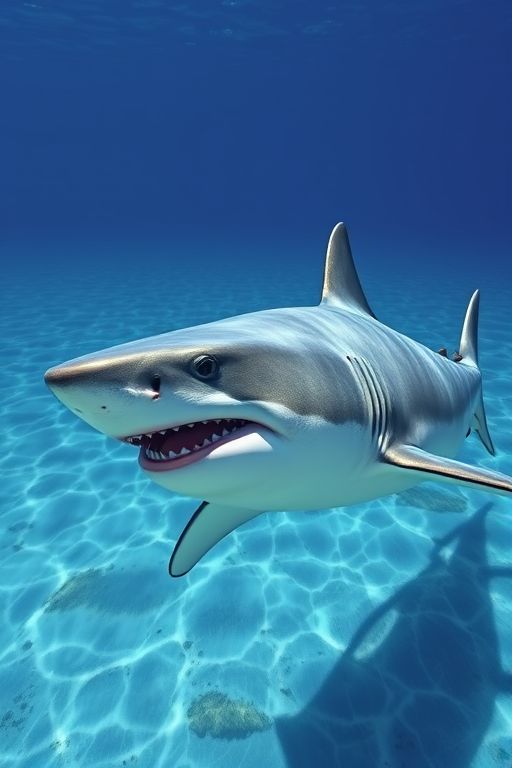Render a high-resolution image of a great white shark in clear ocean water, using a DSLR camera with a 50mm lens, aperture set to f/8, ISO 200, and a shutter speed of 1/250s, shot from a side view to capture detailed features and textures.