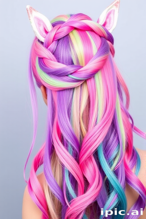 Multicolored unicorn hair featuring vibrant streaks of pink, purple, and teal, styled in a braided crown, the Rainbow Dream style showcases whimsical creativity