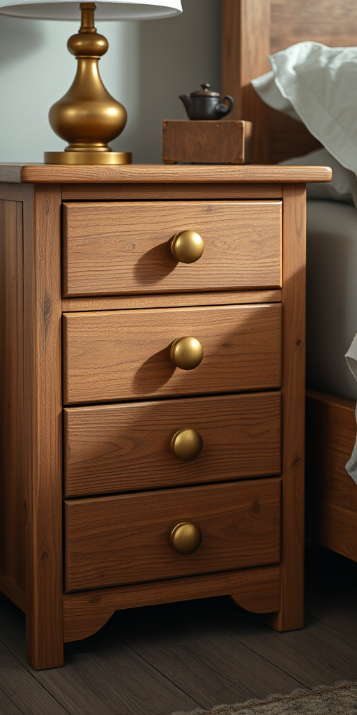 Create a realistic depiction of a wooden nightstand with three drawers, featuring a rustic design with round golden knobs, captured with a DSLR camera at f/5.6, ISO 100, shutter speed 1/60 sec, with a soft natural light setup and a slight angle view to highlight texture and details.