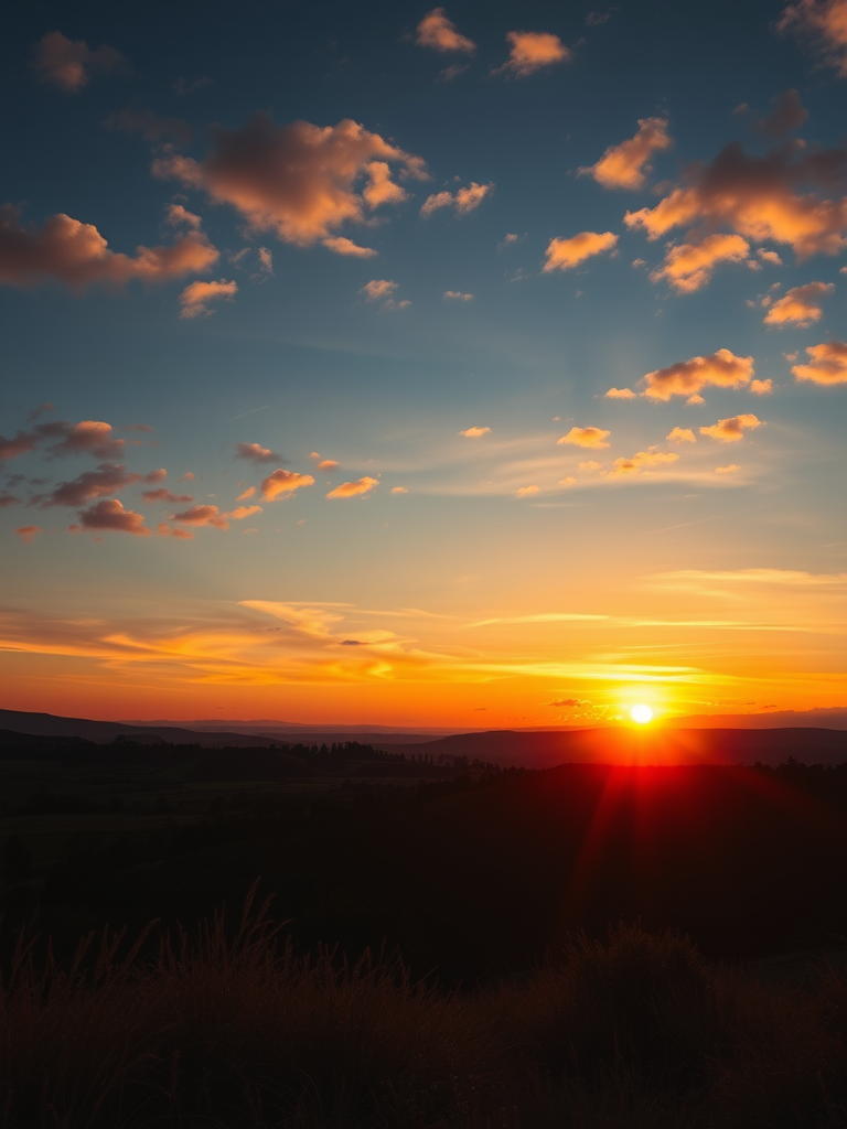 Generate a high-resolution image of a serene landscape during sunset with vibrant colors and sharp details, using a Canon EOS R5, ISO 100, f/8 aperture, 50mm lens, and a wide-angle view to enhance the depth and clarity of the scene.