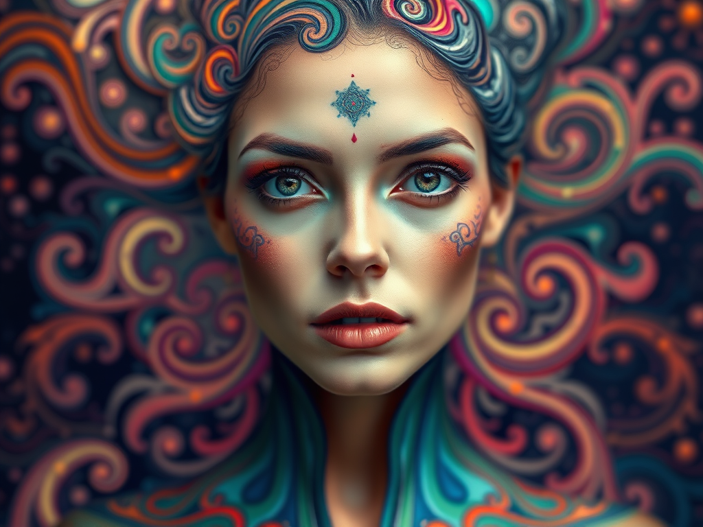 Generate a high-resolution portrait of a woman with intricate swirling patterns and vibrant colors in a mystical style, shot with a Canon EOS 5D Mark IV, 50mm lens, f/1.8 aperture, ISO 100, in soft natural light for enhanced detail and texture.