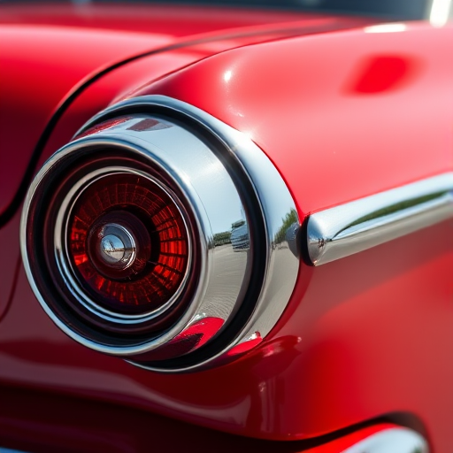 close-up of classic car tail lights with shiny chrome finish, f/2.8 aperture, 50mm lens, shallow depth of field, taken with a DSLR camera, natural sunlight, vibrant colors