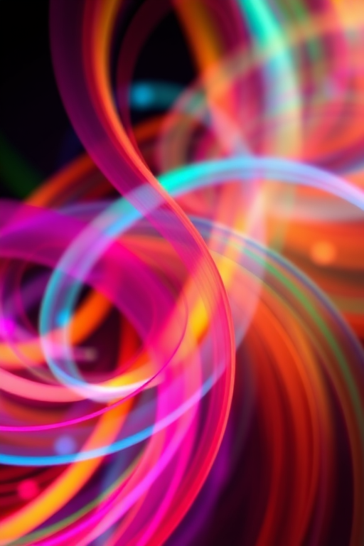 Generate a high-resolution abstract image with swirling colorful lines and gradients, using a Canon EOS R5, 50mm lens, aperture f/1.8, ISO 100, with a soft focus background and vibrant highlights.