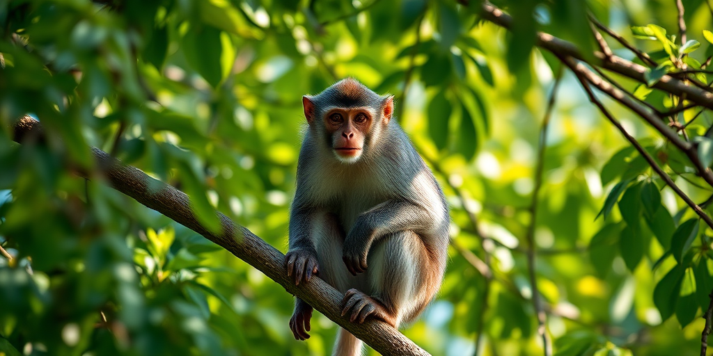 Capture a high-resolution image of a monkey perched on a tree branch surrounded by vibrant green foliage using a Canon EOS R5 with an 85mm f/1.2 lens, aperture set to f/2.8, ISO 200, in natural light with a shallow depth of field for a blurred background effect.