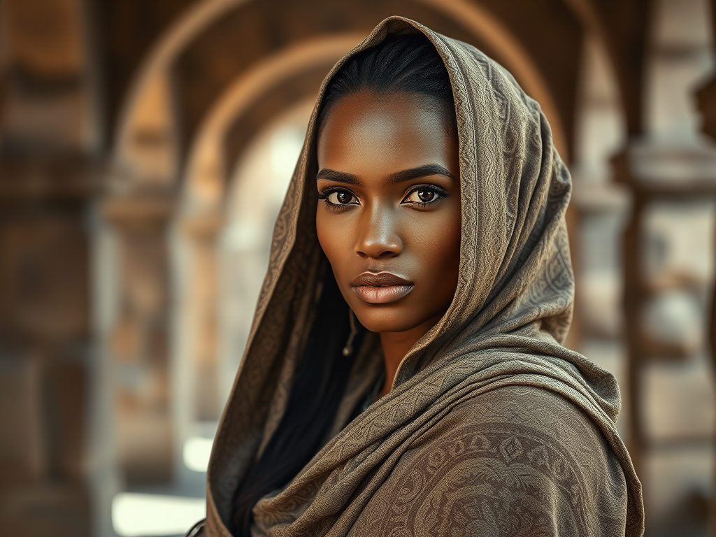 Portrait of a woman with intricate wrappings and a serene expression, surrounded by stone arches, captured with a Canon EOS R5, 85mm f/1.2 lens, natural soft light, ISO 100, aperture priority mode, focusing on sharp details and rich textures.