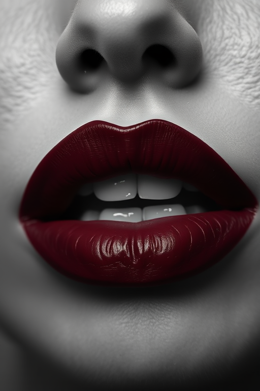 Luxurious deep wine lips with a velvet matte finish, exuding sophistication and allure, captured in a vintage-inspired black and white portrait