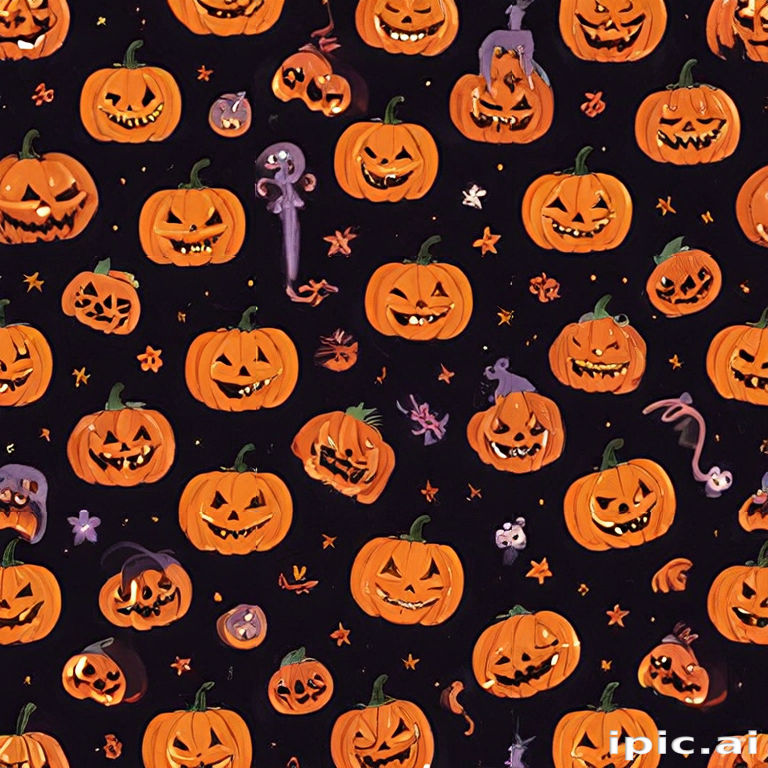 Whimsical Halloween Pumpkin Pattern with Spooky Faces and Festive Elements