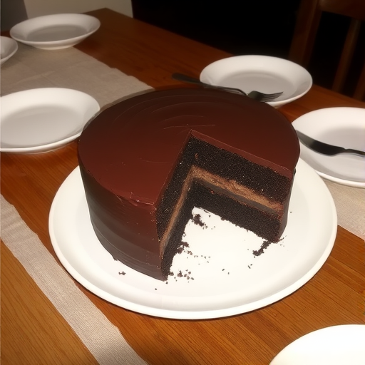 A delicious chocolate cake with smooth frosting sitting on a white plate with a slice removed revealing the chocolate layers inside, placed on a wooden table with a neutral tablecloth, surrounded by empty plates and cutlery.