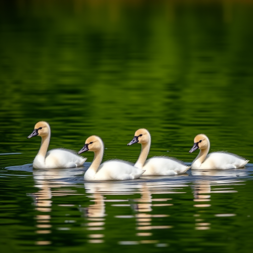 Capture a serene lake scene featuring four cygnets swimming together, using a Canon EOS R5, with a 50mm lens, aperture set to f/2.8, ISO 100, and a shutter speed of 1/2000s, positioned at a low angle to emphasize the water's surface reflections and the lush green background.