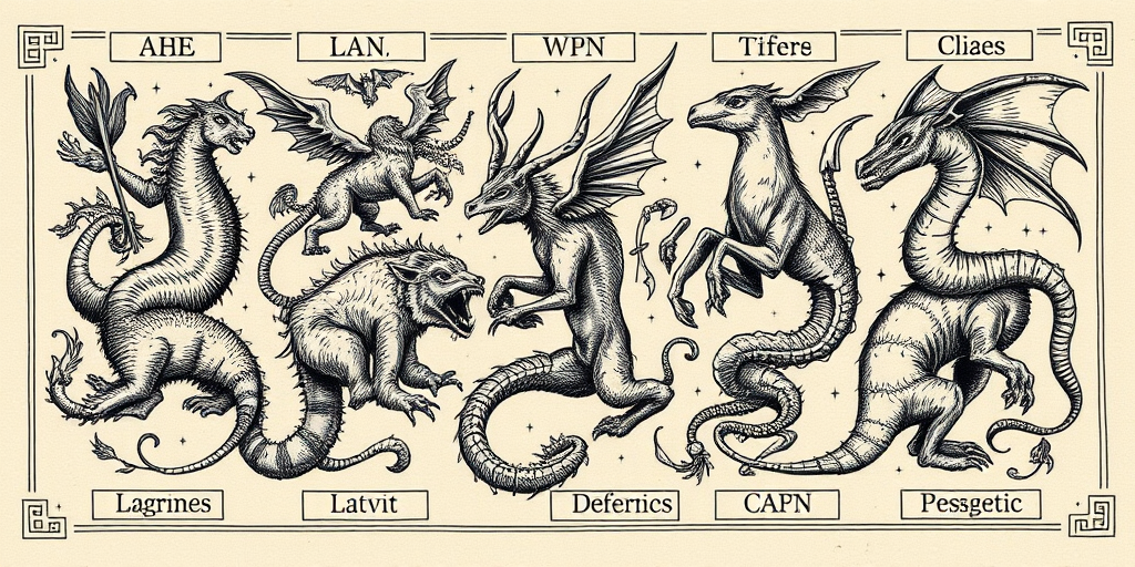 Etching-style tattoo called "Mythic Menagerie" showcasing a collection of fantastical creatures inspired by medieval bestiaries, rendered in intricate crosshatching and stippling techniques, with Latin names and decorative borders framing each beast, ideal for forearm or leg sleeve