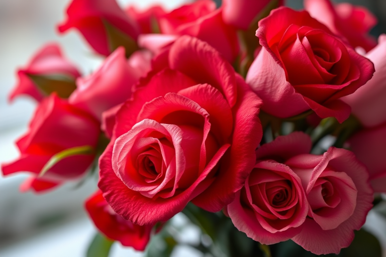 high-resolution image of a bouquet of roses with varying shades of red and pink, soft lighting, shallow depth of field, captured with a Canon EOS R5, f/2.8 aperture, 50mm lens, natural light, macro photography style