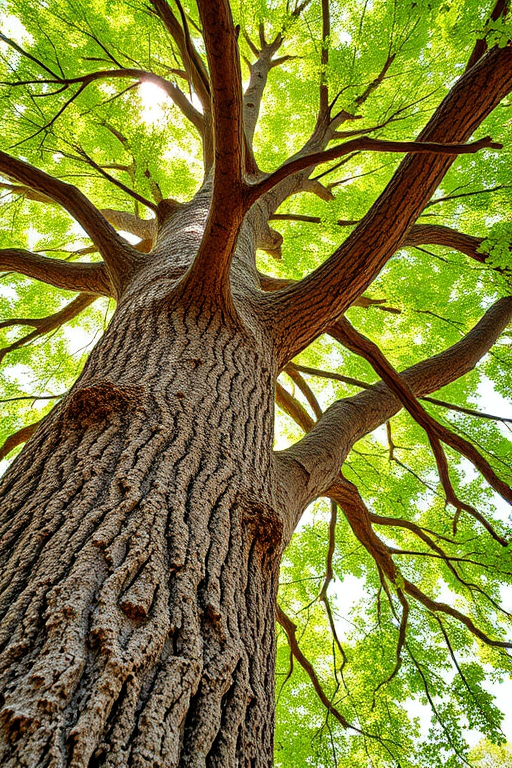 Create a highly detailed illustration of a tree with rich brown bark and vibrant green leaves, shot with a DSLR camera at f/8 aperture, 50mm lens, 1/200s shutter speed, taken from a low angle to emphasize its height, with a natural sunlight setting for enhanced clarity and depth.