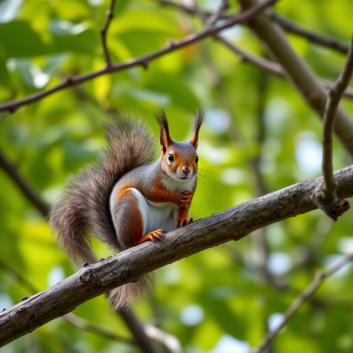 squirrel sitting on a tree branch, lush green leaves in the background, close-up shot, aperture f/2.8, shutter speed 1/250s, ISO 400, DSLR camera, natural light, shallow depth of field