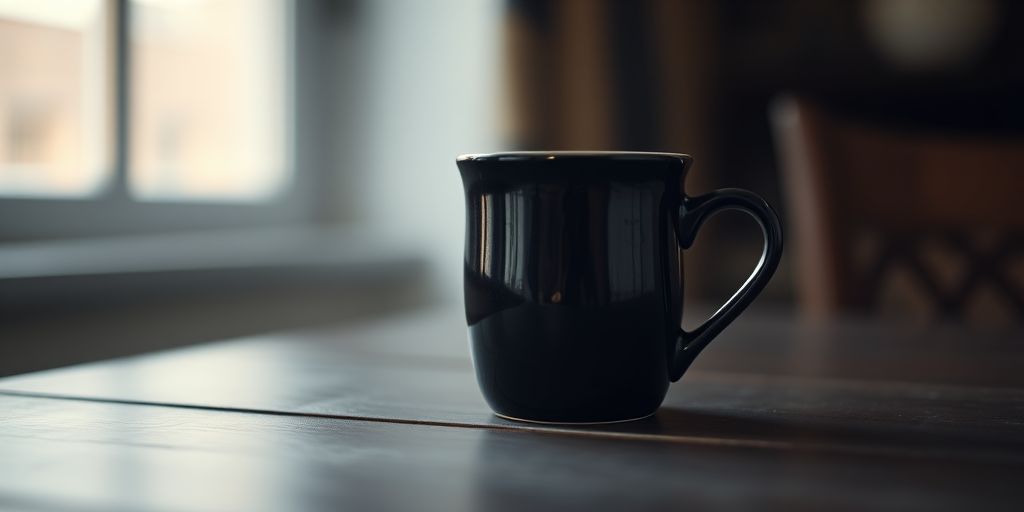 A black ceramic mug placed on a dark wooden table, shot in low light with a shallow depth of field, using a Canon EOS R5 with a 50mm f/1.2 lens, ISO 100, aperture f/1.2, shutter speed 1/100 sec, achieving a soft bokeh effect.