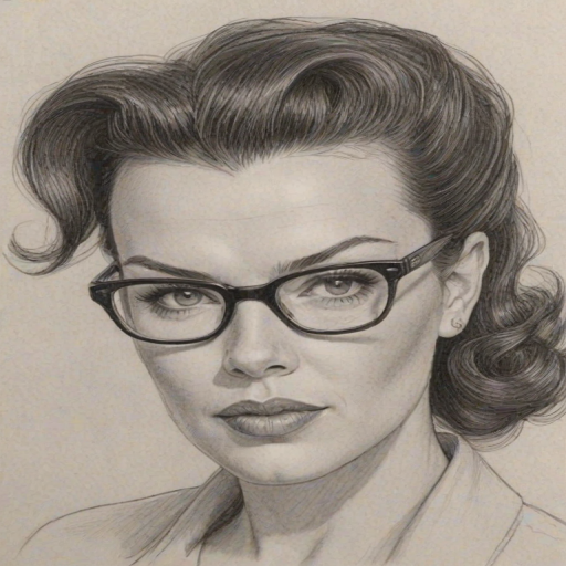 Delightful Debi Mazar, pencil sketch, portrait of Gorgeous woman 1952s in glasses, hair style beatnik, outline, clear lines, fine lines, 8k