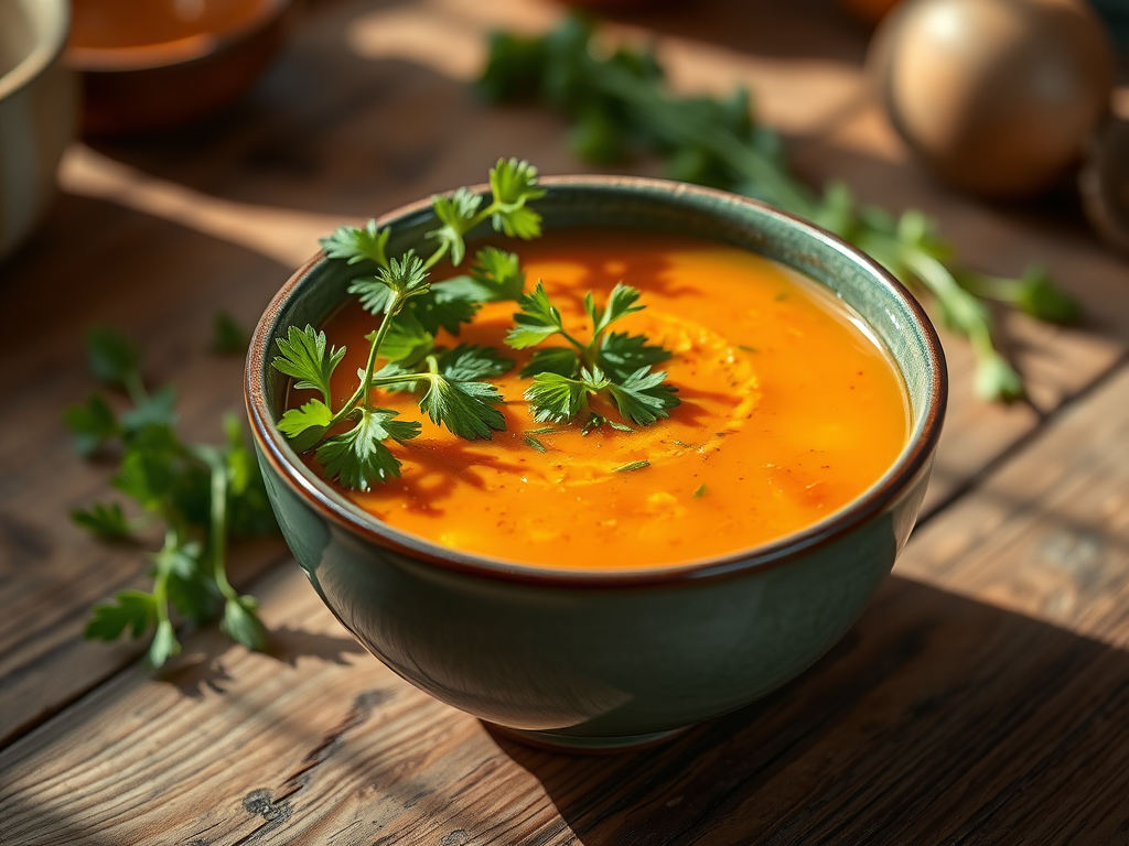 capture a vibrant close-up of a bowl of soup garnished with fresh herbs, rustic wooden table backdrop, natural lighting with soft shadows, 50mm lens, f/2.8 aperture, ISO 100, shallow depth of field, DSLR camera