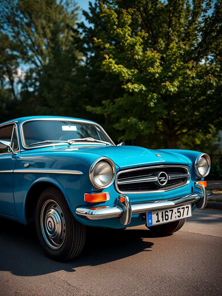 photograph of a vintage blue Opel Kapitan car, 35mm lens, f/4 aperture, ISO 100, shot in natural lighting, from a low angle with a slight tilt for dynamic perspective, captured using a DSLR camera with a wide color profile for enhanced vibrancy