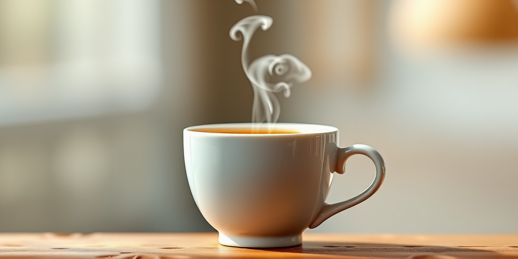 Generate a high-resolution image of a stylized coffee cup with steam rising in a swirling pattern, using a DSLR camera with a 50mm lens, aperture set to f/2.8, ISO 100, shot in macro view with natural lighting for enhanced image quality.