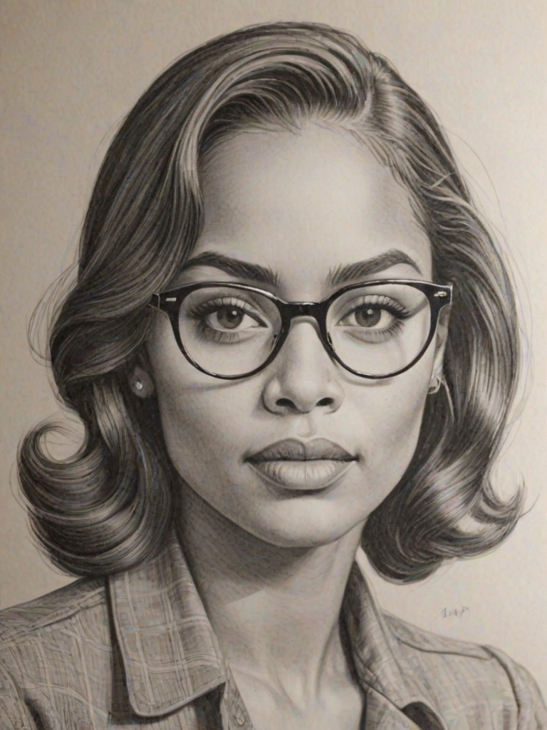 Superb Lauren London, pencil sketch, portrait of Superb woman 1940s in glasses, hair style beatnik, outline, clear lines, fine lines, 8k