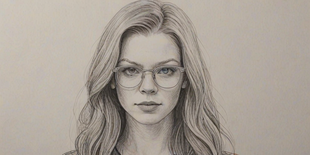 Fetching Cameron Monaghan, pencil sketch, portrait of Fetching woman 1973s in glasses, hair style beatnik, outline, clear lines, fine lines, 8k
