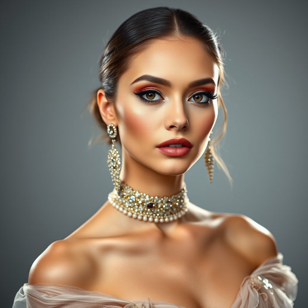 Studio portrait, female model, elegant couture dress, bold makeup, dramatic lighting, Shoot over the shoulder using a telephoto lens to focus on small details like jewelry, makeup, or fabric textures