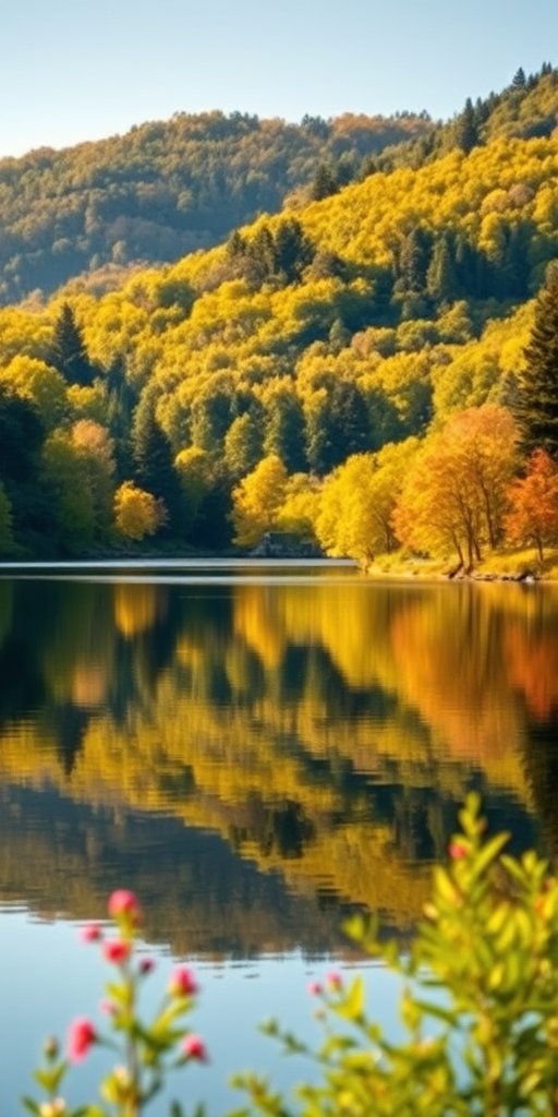 scenic view of a lake surrounded by lush green trees and hills in soft daylight, capturing reflections on the water surface, with a focus on the vivid colors of spring foliage, using a DSLR camera, 50mm lens, f/8 aperture, ISO 200, shutter speed 1/125 sec, shot at eye level to enhance the depth of field.