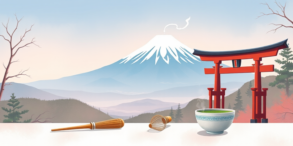 Create a serene landscape illustration featuring Mount Fuji in the background with a gentle plume of smoke, a traditional torii gate, a bamboo ladle, a chasen whisk, and a matcha bowl in the foreground, using a high-resolution digital art style, with a wide-angle view and soft pastel color palette, resembling a watercolor effect, captured with a digital tablet and stylus at a DPI of 300.