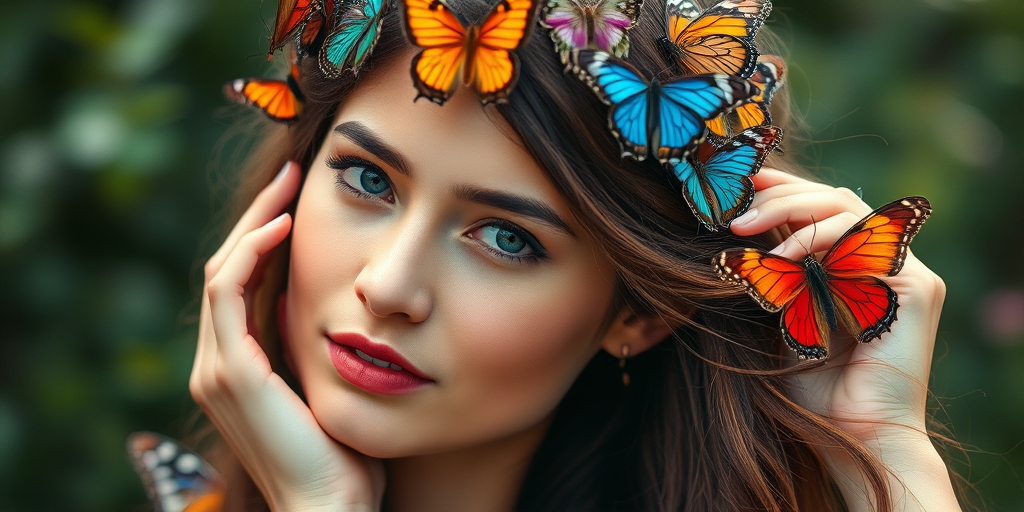 Create an image of a young woman with a crown of colorful butterflies in her hair, softly touching her hair, set in a natural outdoor environment with a shallow depth of field, captured with a Canon EOS 5D Mark IV using a 50mm f/1.8 lens, at f/2.8, ISO 200, 1/250s, with vibrant colors and a painterly effect.