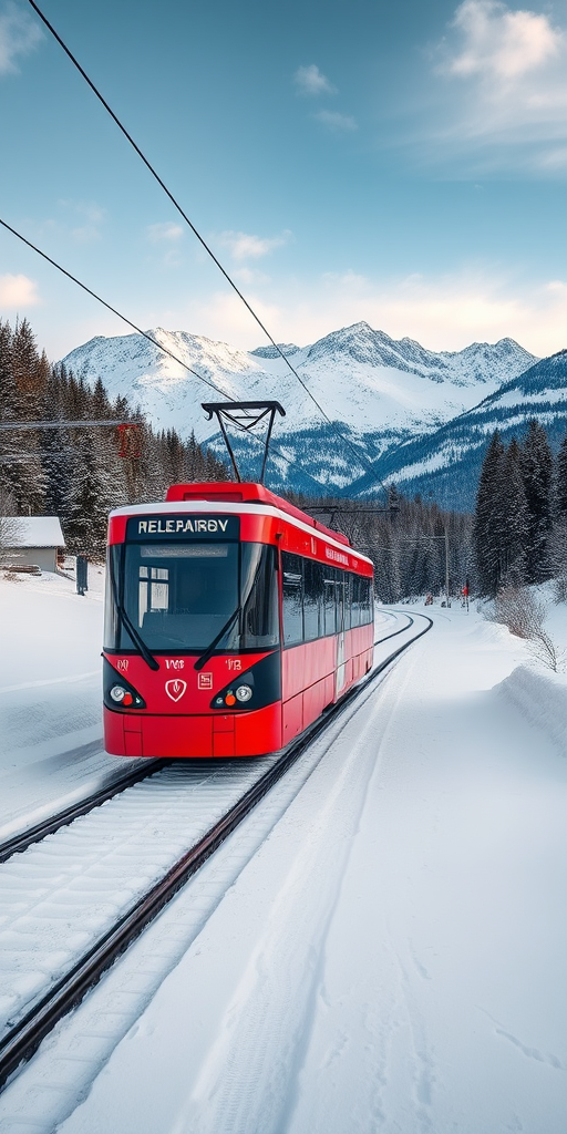 Capture a scenic winter landscape featuring a red tram on a snowy road with mountains in the background, using a DSLR camera with a 24mm lens, f/8 aperture, ISO 100, 1/200s shutter speed, and a wide-angle view to enhance depth and clarity.