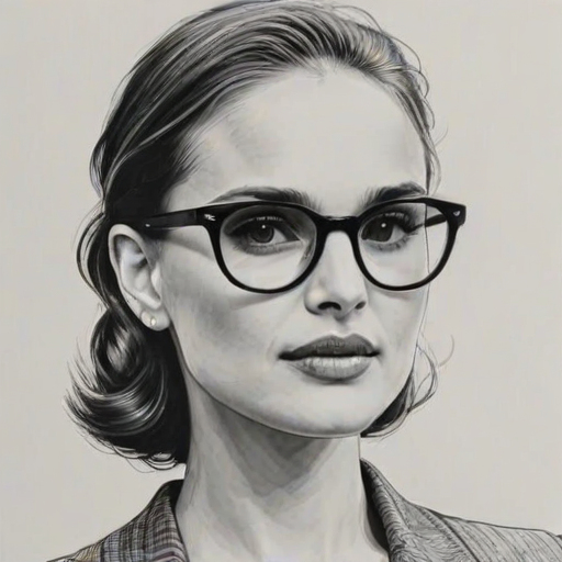 Stunning Natalie Portman, pencil sketch, portrait of Radiant woman 1963s in glasses, hair style beatnik, outline, clear lines, fine lines, 8k