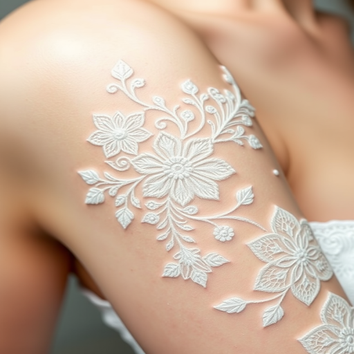 Ethereal white ink tattoo showcasing delicate lace patterns and intricate floral designs, visible as a subtle raised texture on the skin for a elegant and understated look