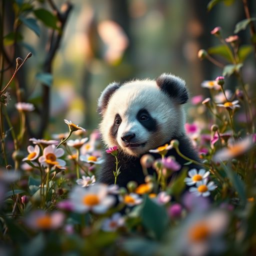 panda cub surrounded by flowers in a mystical forest, soft lighting, shallow depth of field, 50mm lens, f/1.8 aperture, ISO 200, shot in a low angle view, using a DSLR camera, vibrant colors and high detail