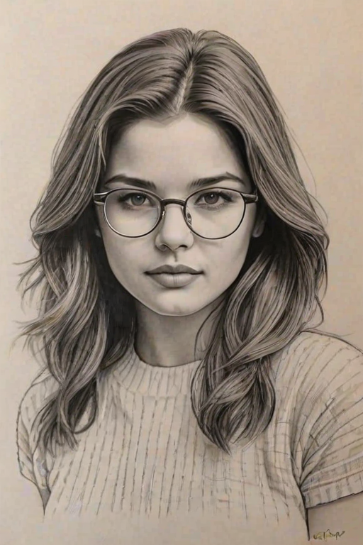 Beauteous Danielle Campbell, pencil sketch, portrait of Comely woman 1974s in glasses, hair style beatnik, outline, clear lines, fine lines, 8k