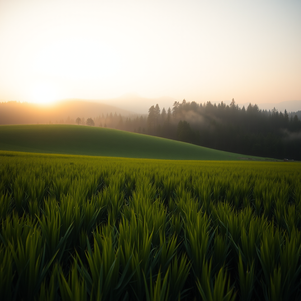 Capture a serene landscape at dawn, featuring lush green fields leading up to a misty forest backdrop, using a Canon EOS 5D Mark IV, 24mm, f/8, ISO 100, in natural light with a slight vignette effect for added depth.