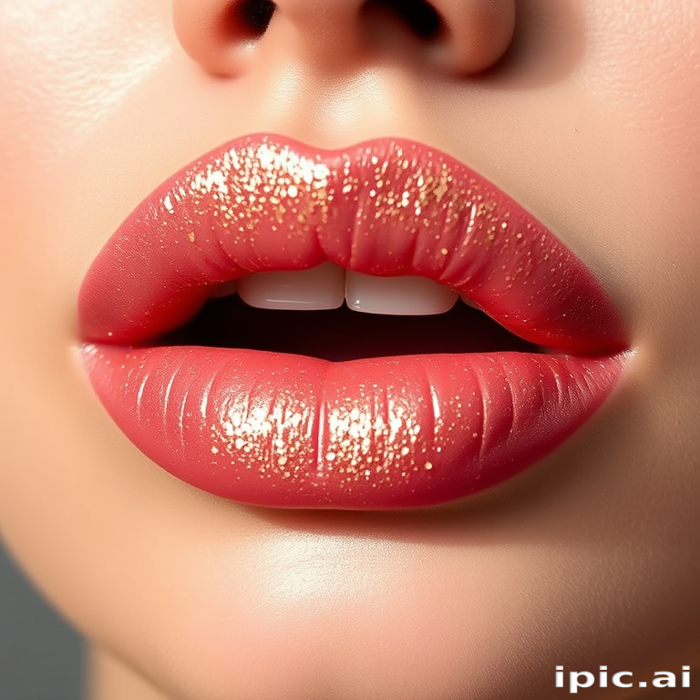 Shimmering Rose Gold Glaze lip style combines a soft pink base with golden sparkles, creating a glamorous and eye-catching effect suitable for red carpet events