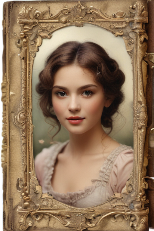 Elegant Portrait of a Young Woman Framed in Vintage Book Design