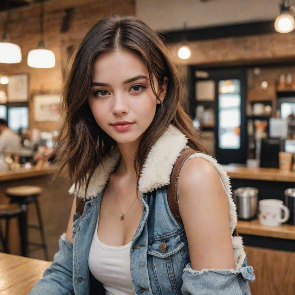 score_9, score_8_up, score_8, score_7_up, score_7, score_6_up, score_6, score_5_up, score_5,  21 year old 1girl, beautiful face, cute girl, gorgeous, supermodel, dark brown eyes, shoulder-length straight hair, parted in the middle, furry denim jacket, white tank top, makeup. Pale smooth Skin, coffee shop blurry background.