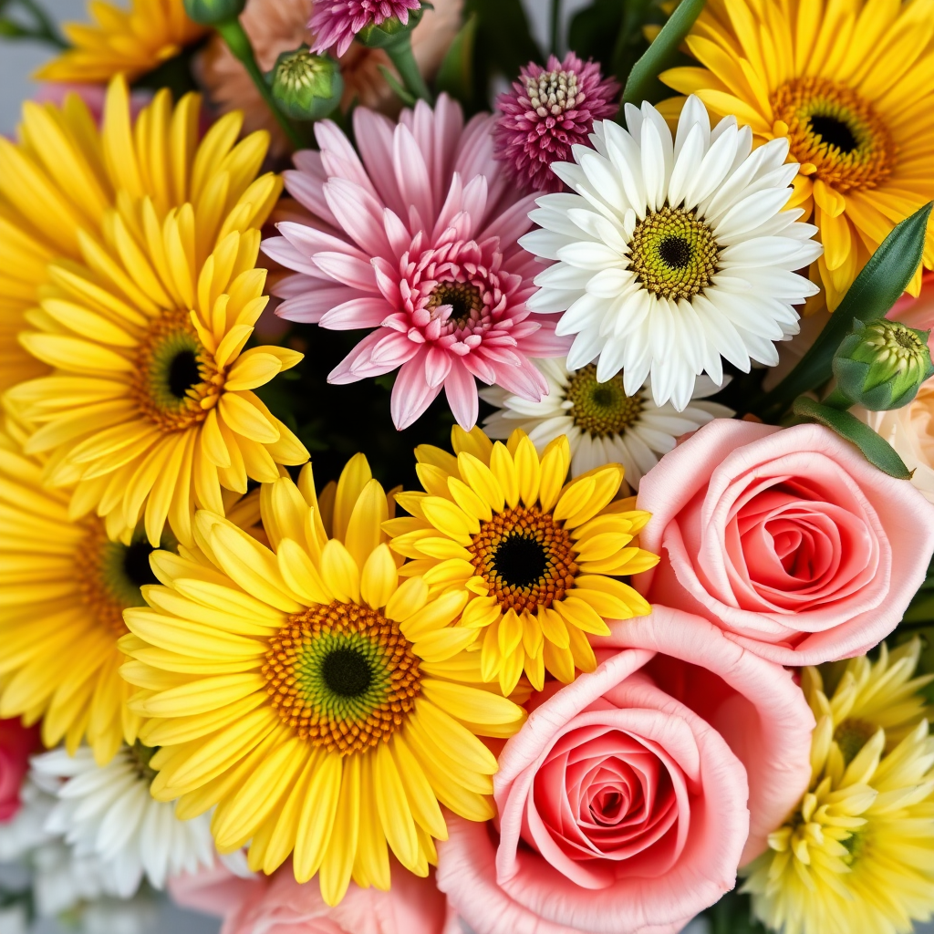 A vibrant bouquet of yellow gerbera daisies, white chrysanthemums, and soft pink roses arranged beautifully, shot at f/2.8 aperture, 50mm lens, using natural soft lighting and a macro photography style for enhanced detail and clarity.