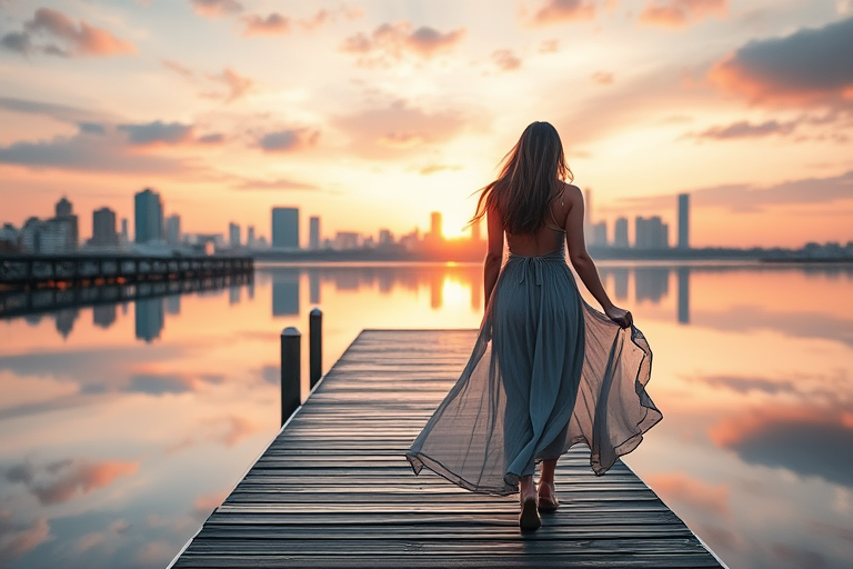 Create an image of a woman in a flowing dress standing on a wooden pier looking out over a surreal, mirrored landscape with a city reflected in the water at sunset, using a DSLR camera with a 50mm lens, aperture f/1.8, ISO 100, and a shallow depth of field for enhanced background blur.