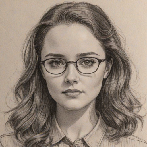 Fascinating Madison Davenport, pencil sketch, portrait of Stunning woman 1943s in glasses, hair style beatnik, outline, clear lines, fine lines, 8k